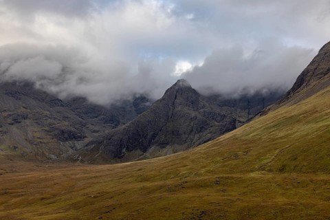 Clouds on the mountainsides, Fairy Pools, Black Cuillin Mountains, Isle of Skye, Hebrides,