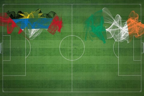 Antigua and Barbuda vs Ireland Soccer Match, national colors, national flags, soccer field,