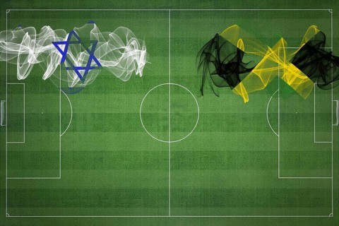 Israel vs Jamaica Soccer Match, national colors, national flags, soccer field, football game,