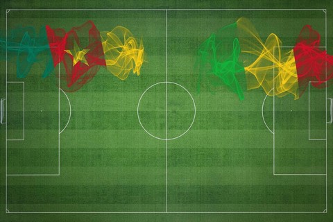 Cameroon vs Mali Soccer Match, national colors, national flags, soccer field, football game,