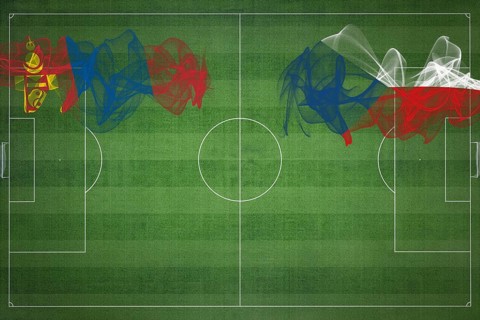 Mongolia vs Czech Republic Soccer Match, national colors, national flags, soccer field, football
