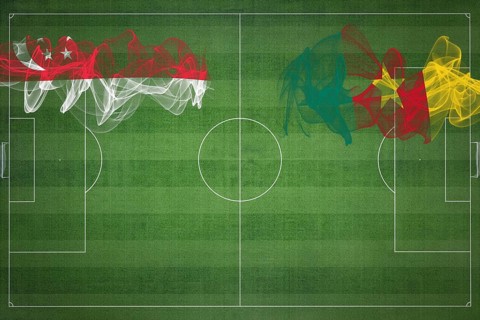 Singapore vs Cameroon Soccer Match, national colors, national flags, soccer field, football game,
