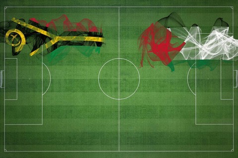 Vanuatu vs Palestine Soccer Match, national colors, national flags, soccer field, football game,