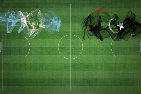Guatemala vs Libya Soccer Match, national colors, national flags, soccer field, football game,