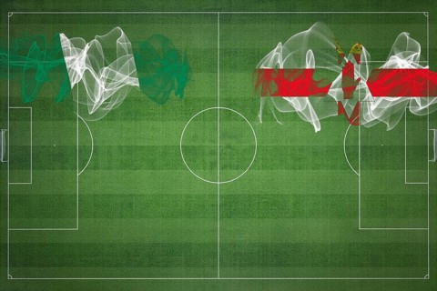 Nigeria vs Northern Ireland Soccer Match, national colors, national flags, soccer field, football