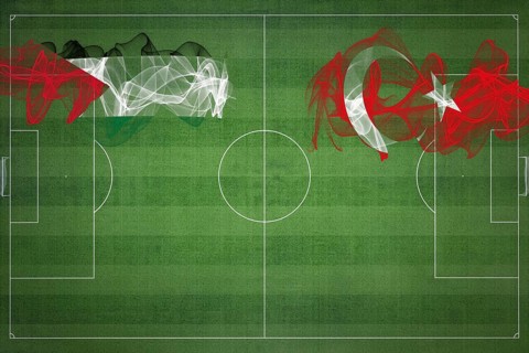 Palestine vs Turkey Soccer Match, national colors, national flags, soccer field, football game,