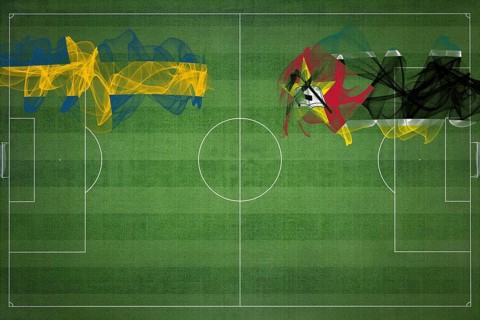 Sweden vs Mozambique Soccer Match, national colors, national flags, soccer field, football game,