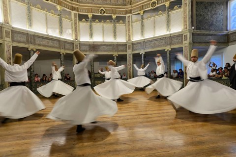 Dancing dervishes, dervish dance Sema, Mevlevihanesi Müzesi at Istiklal Caddesi, Istanbul, European