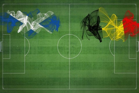 Scotland vs Belgium Soccer Match, national colors, national flags, soccer field, football game,