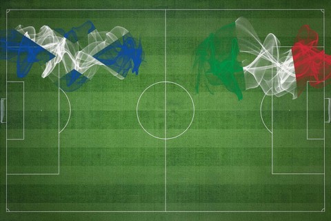 Scotland vs Italy Soccer Match, national colors, national flags, soccer field, football game,