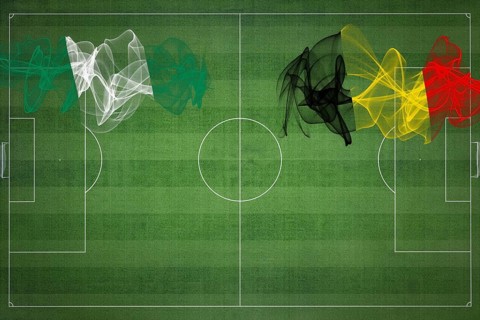 Nigeria vs Belgium Soccer Match, national colors, national flags, soccer field, football game,