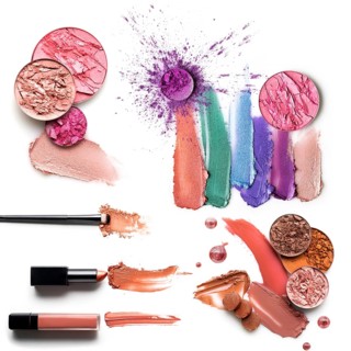 Creative concept photo set of cosmetic swatches with lipstick eyeshadow and other beauty products