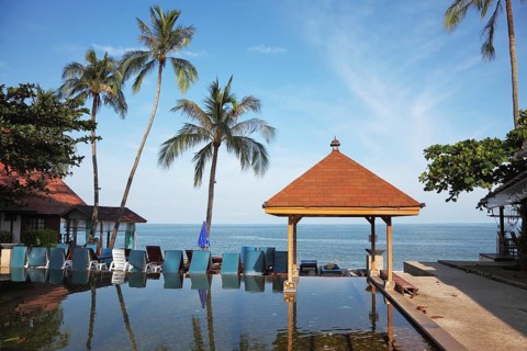 The palm tree and beach armchairs are reflected in a smooth water surface. Pool on a beach of the