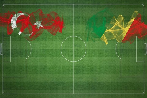 Turkey vs Congo Soccer Match, national colors, national flags, soccer field, football game,