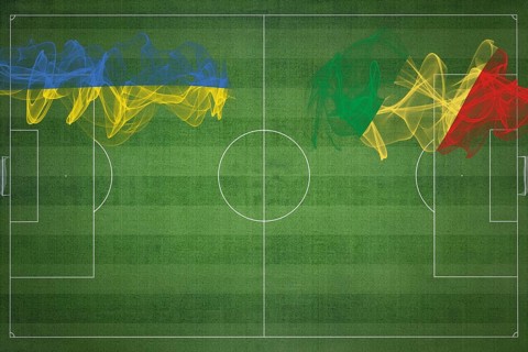 Ukraine vs Congo Soccer Match, national colors, national flags, soccer field, football game,