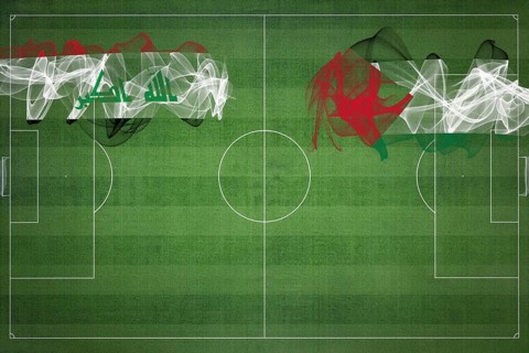 Iraq vs Palestine Soccer Match, national colors, national flags, soccer field, football game,