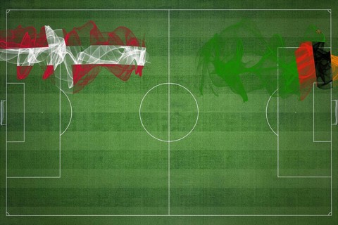 Denmark vs Zambia Soccer Match, national colors, national flags, soccer field, football game,
