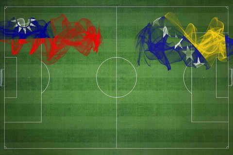 Taiwan vs Bosnia and Herzegovina Soccer Match, national colors, national flags, soccer field,