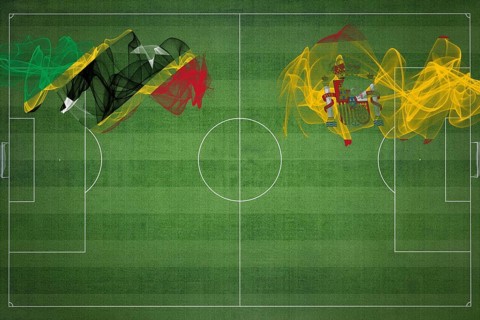 Saint Kitts and Nevis vs Spain Soccer Match, national colors, national flags, soccer field,