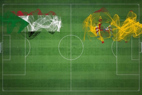 Sudan vs Spain Soccer Match, national colors, national flags, soccer field, football game,