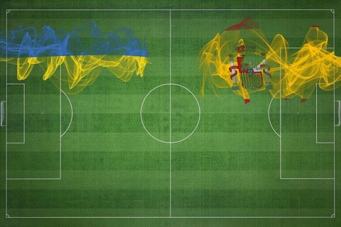 Ukraine vs Spain Soccer Match, national colors, national flags, soccer field, football game,
