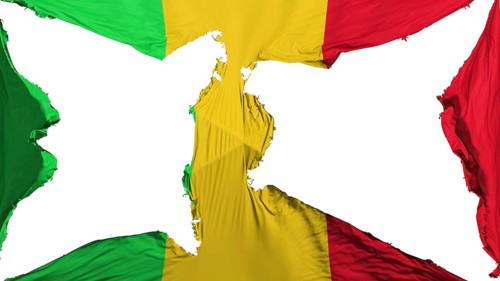 Destroyed Mali flag, white background, 3d rendering