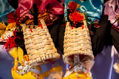 Empty wicker baskets are seein a market place