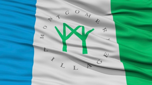 Closeup of Montgomery Village City Flag, Waving in the Wind, Maryland State, United States of