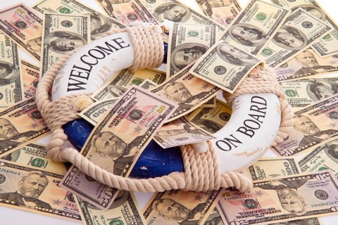 Lifebelt and dollar. Rescue for Greece. Symbol for national debt. Austria