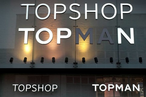 Leeds, West Yorkshire, United Kingdom, 3 December 2020: close up of the sigs on the topshop and