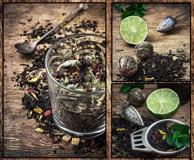 Collage of tea paraphernalia and scattered leaves on wooden table