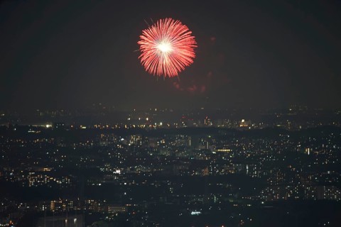 Chofu fireworks display visible from Yokohama Landmark Tower. Shooting Location: Yokohama-city