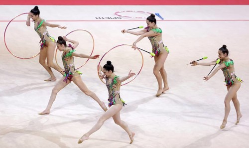 Sofia, Bulgaria - 27 March, 2021: Team Turkey perform during the 3 Hoops + 2 pairs of Clubs group