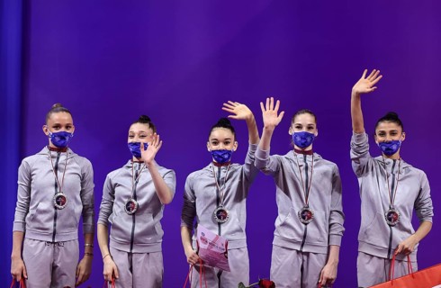 Sofia, Bulgaria - 27 March, 2021: Members of team Azerbaijan pose with their silver medals on the