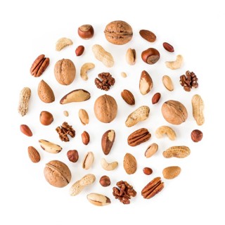 Pattern of nuts in circle form. Various nuts isolated on white. pecan, macadamia, brazil nut,