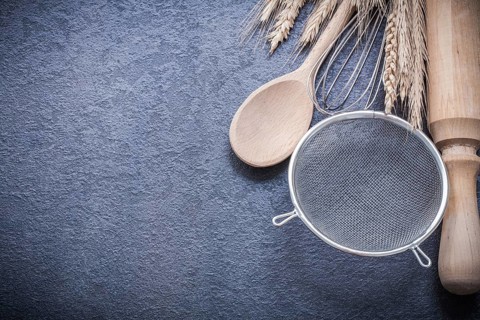 Ripe wheat rye ears spoon rolling-pin egg whisk sieve