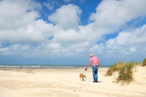 Man walking the dog at the beach