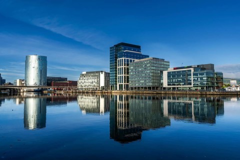 Belfast, United Kingdom, 21 August, 2022: skyline of downtown Belfast with skyscrapers and