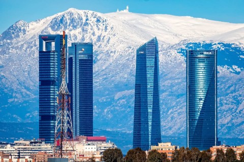 Madrid, Spain, January 12, 2022: Breathtaking view of the Spanish capital with Cuatro Torres