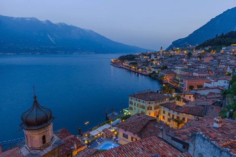 Favourite travel destination, Limone on Lake Garda at dusk, Brescia, Lombardy, Italy, Europe