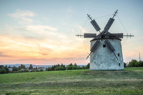 Windmill with wooden sails in a landscape with fields. Meadows and flowers appear in the sunset.