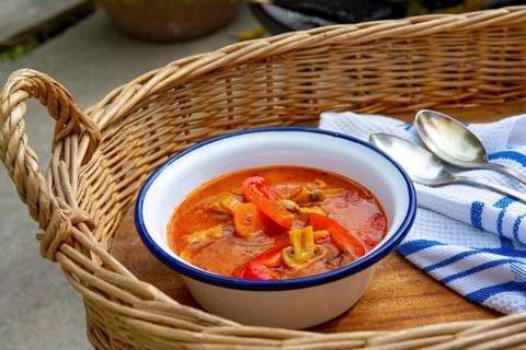 Kettle Gulash is prepared over an open fire!