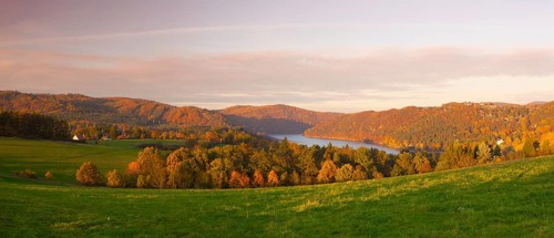 View form hill on the water dam Slapy.Autumn scenery.Panorama picture