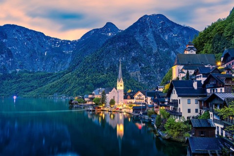 A view of Hallstatt in Austria with lake and mountains