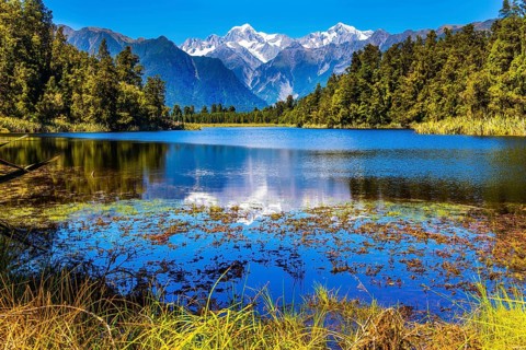 Mirror glacial Lake Matheson surrounded by mountains Mount Cook and Mount Tasman and forests.
