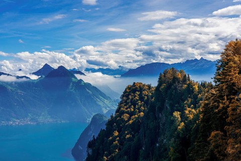 Panoramic view of the mountains at Lake Lucerne in Switzerland