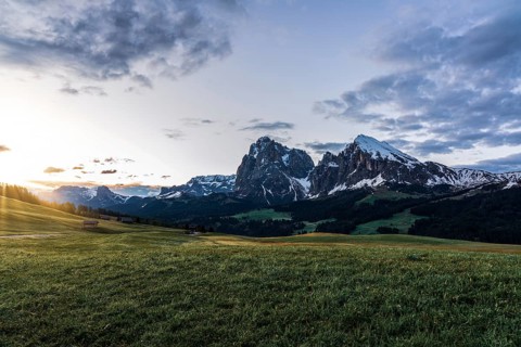 Panoramic view of the Langkofel Group from Seiser Alm in the Dolomites in South Tyrol, Italy,