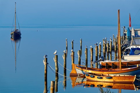 Single boat and seagulls on piles reflected in the calm blue water, Salzhaff with lagoon jetty,