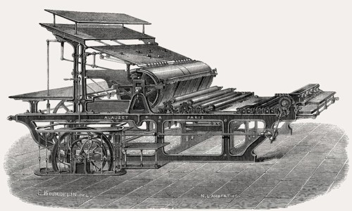 A large belt-driven printing machine, made by Alauzet, Paris, France, 19th century, Europe
