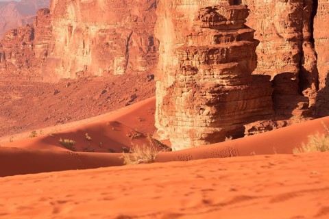Sand dunes and rock mountains landscape in Wadi Rum desert, Jordan, Middle East, Asia